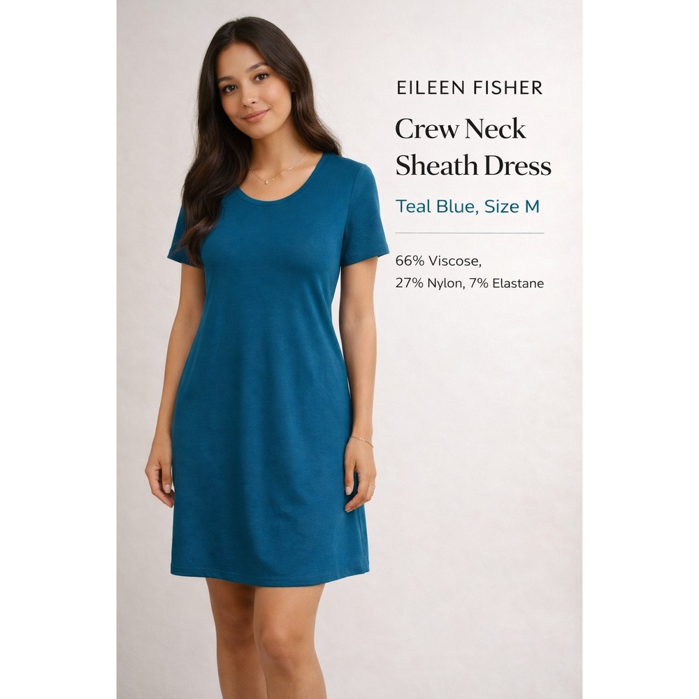 Eileen Fisher Teal Blue Sheath Dress‎ M Crew Neck Stretch Minimalist Chic